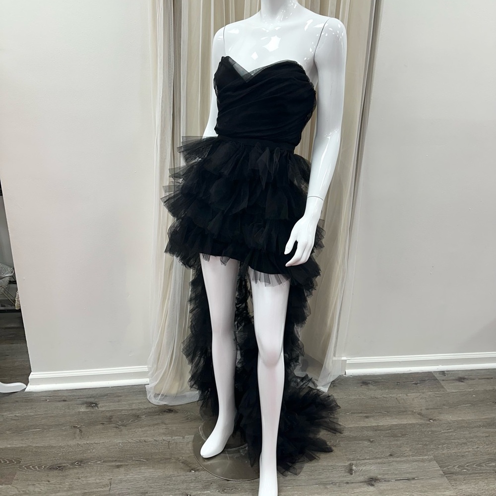 Layered Tulle High Low Strapless Mini Dress with Train Black Sz Small Halloween